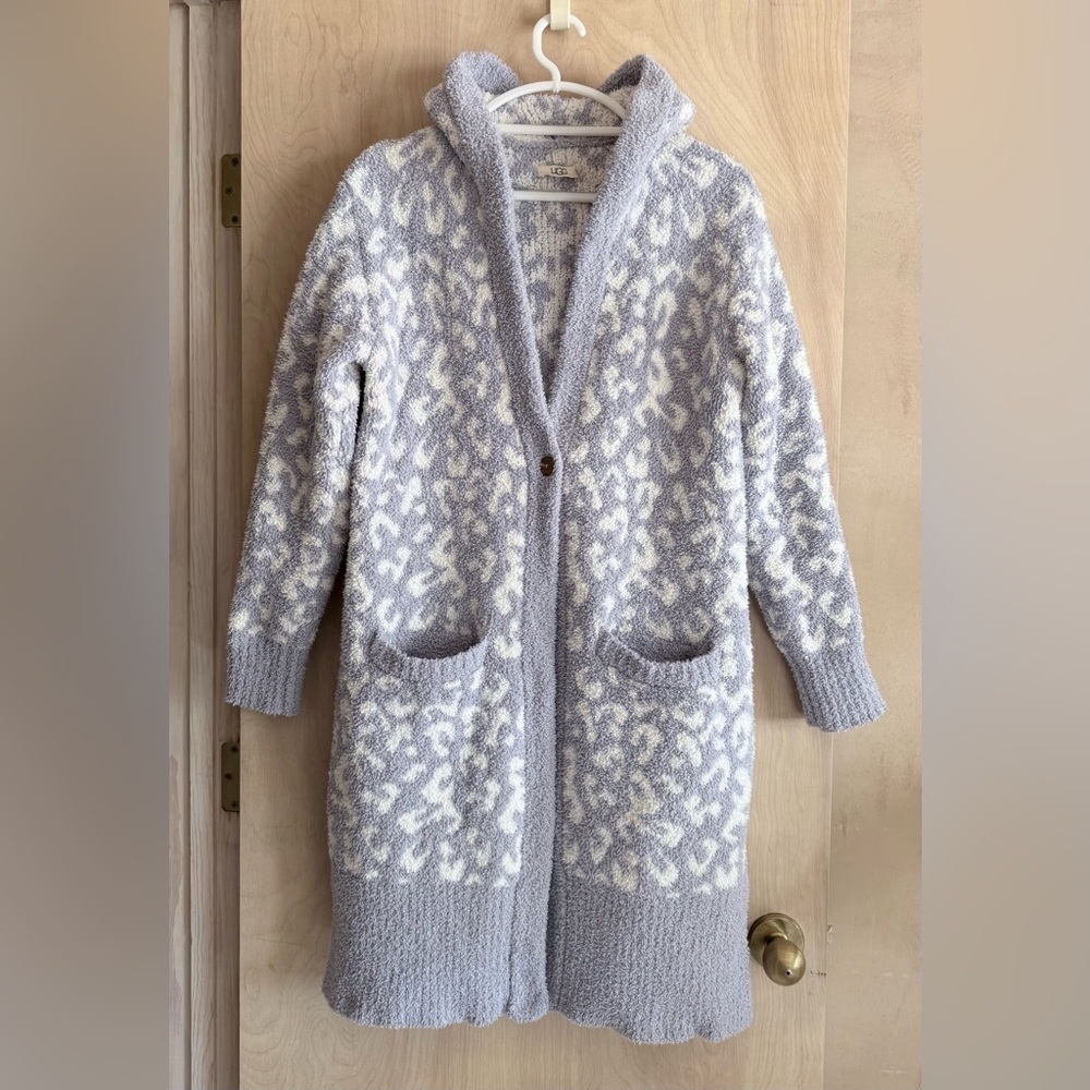 UGG Judith Leopard Knit Longline Hooded Cardigan Robe Purple White M/L
